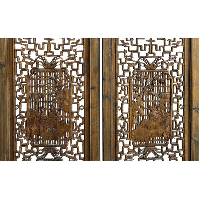 Burnt Umber Oriental Rustic Vintage Finish Openwork Geometric 4 Panels Wood Floor Screen For Sale - Image 8 of 10