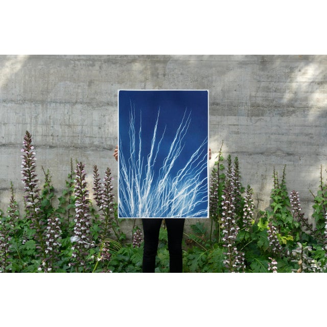 Blue 2020 Glowing Fireworks Lights, Handmade Limited Edition Cyanotype Print on Watercolor Paper For Sale - Image 8 of 12