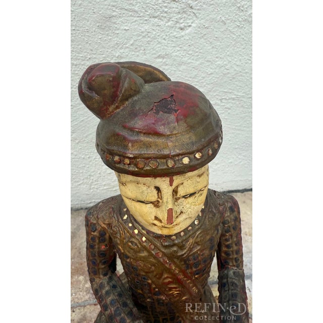 Printmaking Materials Early 20th Century Hand-Carved Chinese Wooden Figural Sculpture of Seated Musician With Tambourine-Style Instrument For Sale - Image 7 of 10