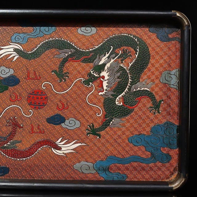 Vintage Ebony Wood Rectangular Tray With Cloisonné Double Dragon Panel For Sale In Los Angeles - Image 6 of 9