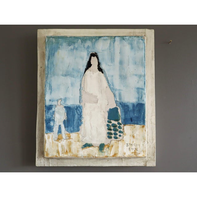 SEASIDE STROLL Size: 11.2 x 9.6 inches (including frame) Oil on canvas A small and very impactful mid-century figurative...