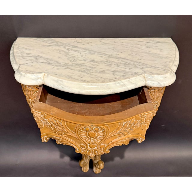 Stone Mid 20th Century Louis XV Style Hand Carved Beechwood Console With Carrara White Marble Top For Sale - Image 7 of 9
