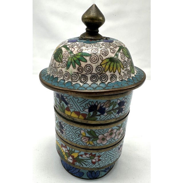 Antique 19th Century Chinese Cloisonné Stacking Box, Late Qing Dynasty, Blue Enamel, Scholar Accessory For Sale - Image 4 of 15