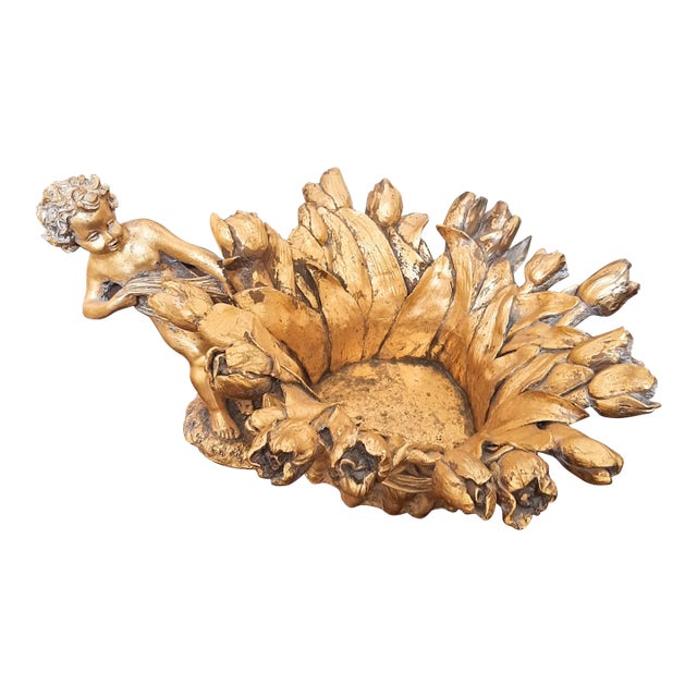 Hollywood Regency Gold Guild Tulip Cherub Bowl Rococo Style For Sale