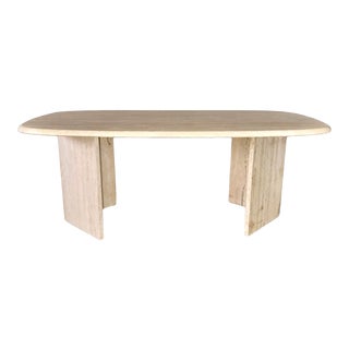 Vintage Oval Travertine Coffee Table With Angled Base For Sale