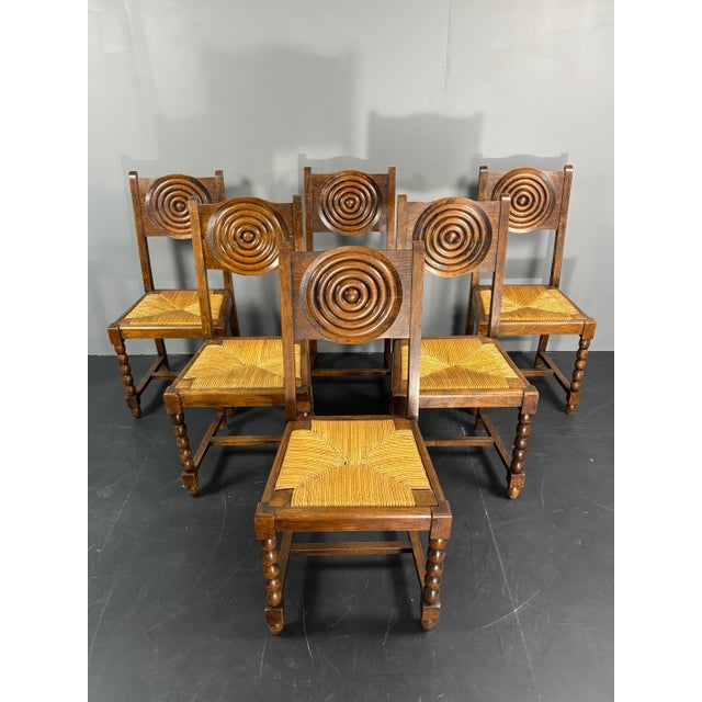 French Farmhouse Turned Wood and Rush Dining Chairs in the style of Charles Dudouyt, 1950s, Set of 6 For Sale - Image 14 of 18