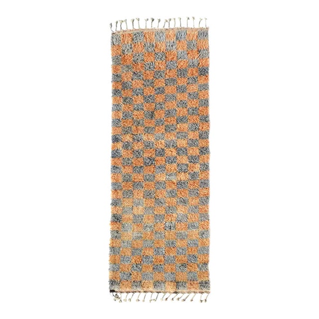 Slate & Turmeric Checkered Hand-Knotted Moroccan Wool Runner Rug - 3x8 For Sale