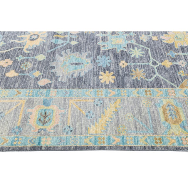 Modern Oushak Style Hand-Knotted Wool Area Rug in Charcoal, Sky Blue & Pastel For Sale In New York - Image 6 of 11