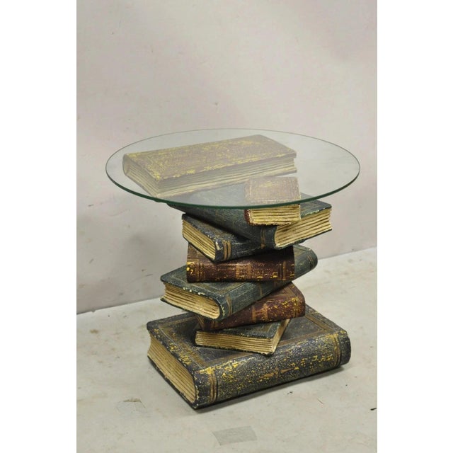 Vintage Figural Faux Stacked Book Form Round Glass Top Side Table. Item features an attractive "antiqued/distressed"...