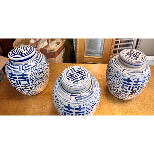Mid-Century Chinese Blue & White Double Happiness Pottery Ginger Jars - S/3 For Sale - Image 4 of 6