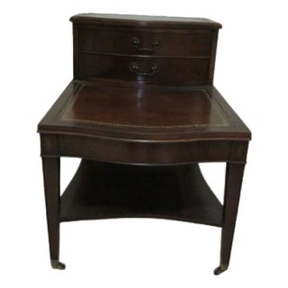 1960s Mahogany Wood Step Back Side Table Leather Inlay Wheels Tiered 2 Drawer For Sale