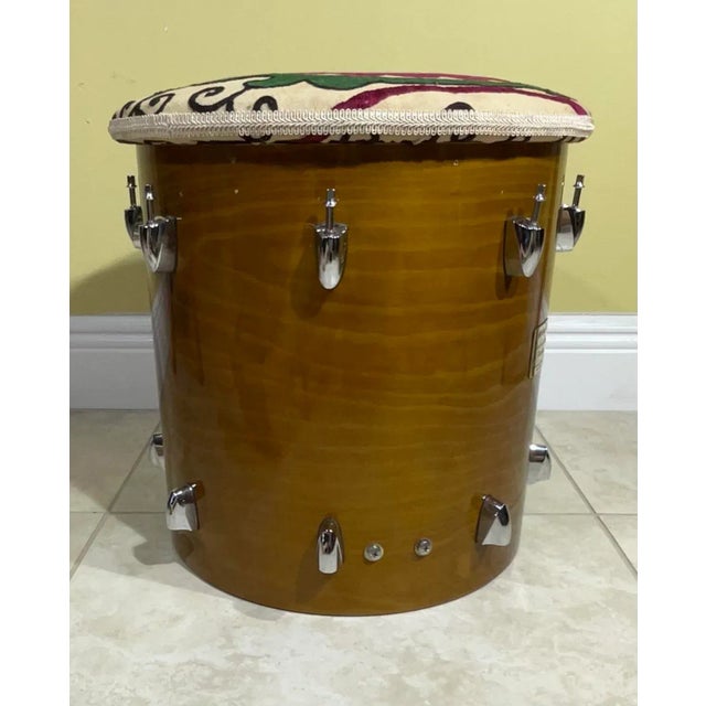Vintage Suzani Upholstered Drum Wood Stool For Sale - Image 4 of 13