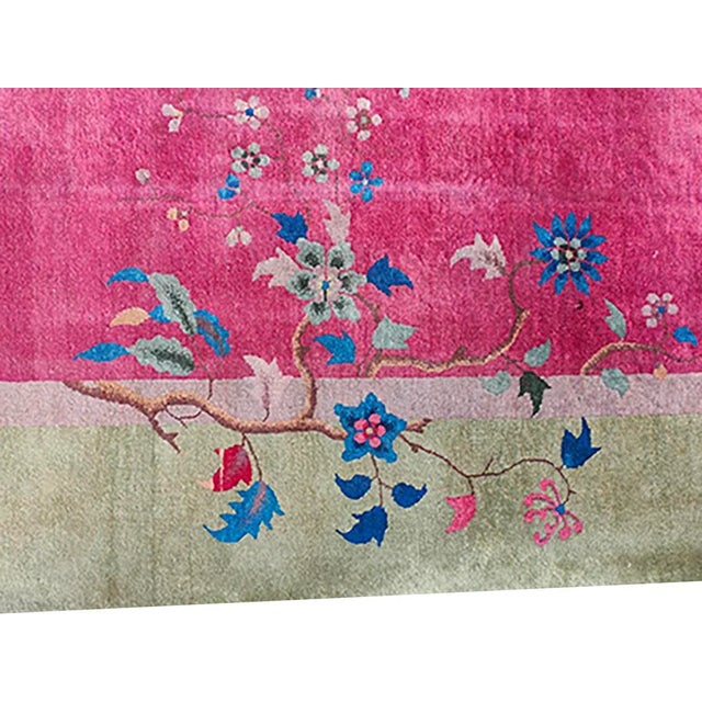 1920s Raspberry Pink Open Field Floral Antique Chinese Art Deco Carpet Wool Rug For Sale - Image 11 of 12