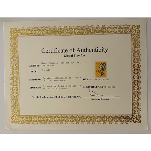 Marc Chagall Vintage Framed Marc Chagall “Galerie Maeght” Lithograph Style Artwork With Coa For Sale - Image 4 of 4