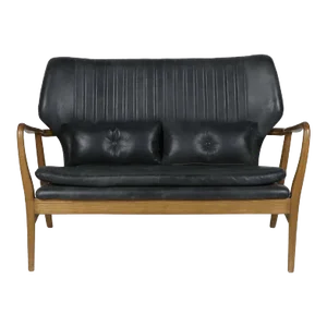 Matthew Izzo Home - Helsinki Scandinavian Black Italian Leather & Ash Wood Loveseat