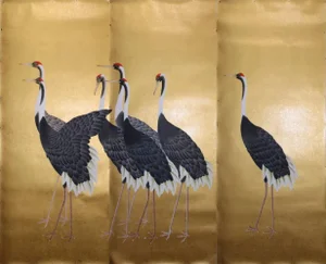 36"*96", Hand-Painted Chinoiserie Crane Wallpaper Mural - 3 Piece Set