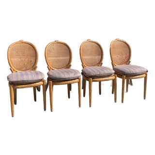 Faux Bois French Style Dining Side Chairs With Cain Backs and Rush Seats - Set of 4 For Sale