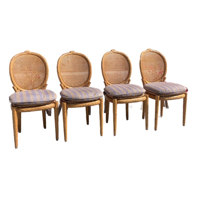 Faux Bois French Style Dining Side Chairs With Cain Backs and Rush Seats - Set of 4 For Sale