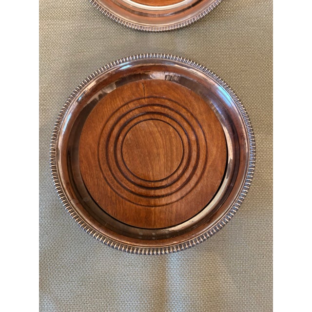 English Vintage English Silver Plate & Mahogany Wine Bottle Coasters For Sale - Image 3 of 7