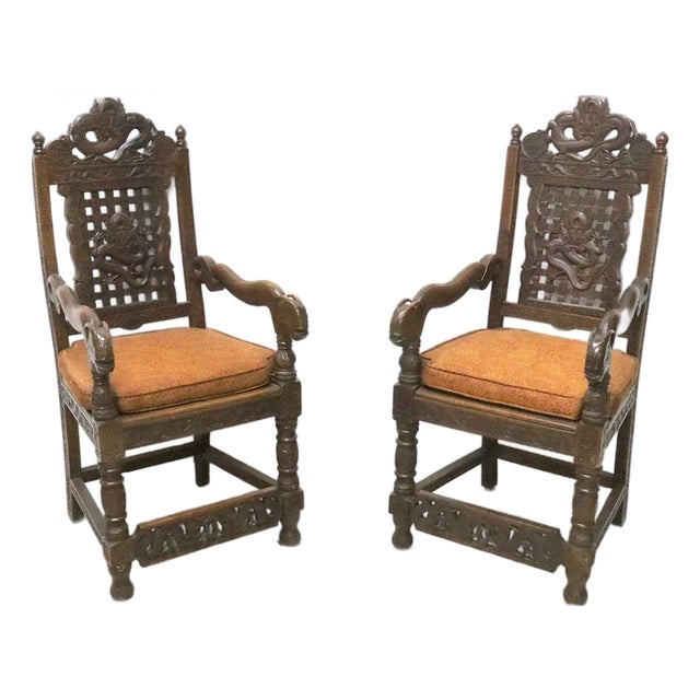 Pair of Antique Heavily Hand Carved Wooden Armchairs For Sale