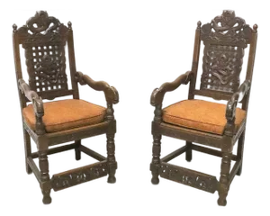 Pair of Antique Heavily Hand Carved Wooden Armchairs