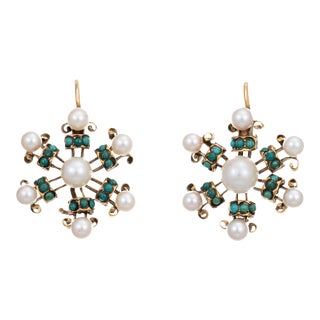 Cultured Pearl Turquoise Snowflake Earrings Vintage 14k Yellow Gold Fine Jewellery - 2 Pieces For Sale