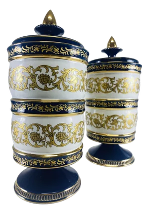 Mid-Century Vintage Cobalt Blue and Gold Italian Porcelain Jars With Lids.