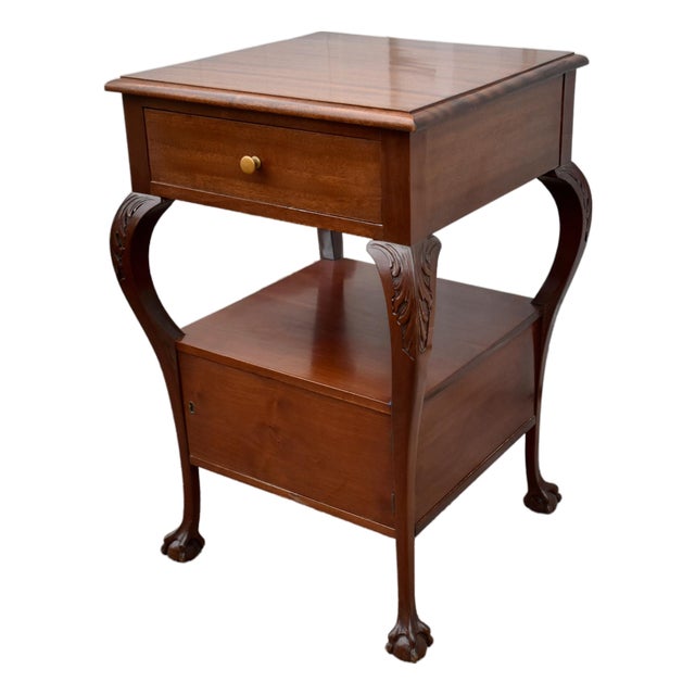 Antique Carved Mahogany Chippendale Style Stand W/Drawer & Locking Door For Sale