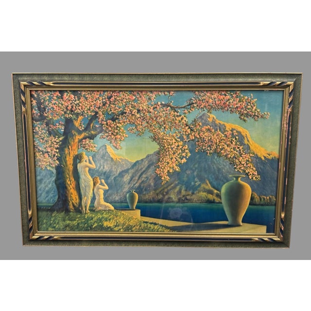 Wood Vintage Reynard Art Deco Framed Landscape Print Cherry Blossoms Lake Mountain Mid Century Art For Sale - Image 7 of 7
