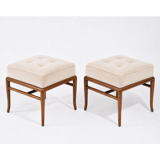 Set of Stools by t.h. Robsjohn-Gibbings in Walnut and Velvet, C. 1950s For Sale - Image 4 of 6