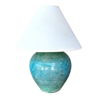 Mid-Century Raku Pottery Table Lamp in Tiffany Blue For Sale