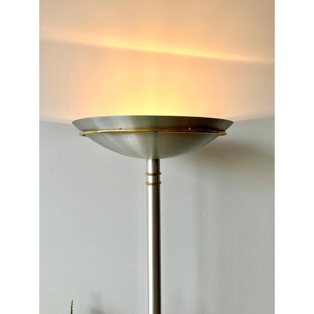 Postmodern Vintage Postmodern Brushed Aluminum and Brass Torchiere Floor Lamp For Sale - Image 3 of 12
