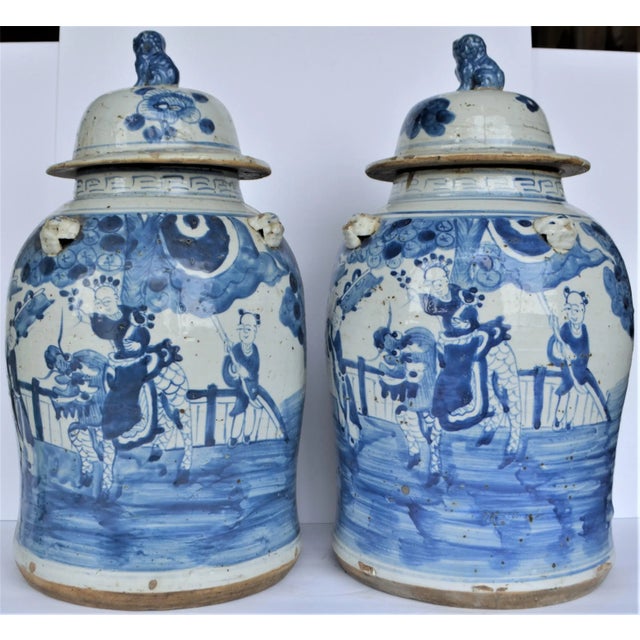 2020s Vintage Chinoiserie White & Blue Children & Qulin Ginger Jar - a Pair For Sale - Image 5 of 9