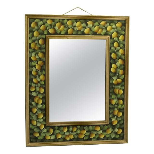 Folk Art Wall Mirror with Cushion Frame and Lemon Decoration, 1930 For Sale