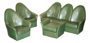 Sculptural Green Leather Sofa, Lounge Chair and Ottoman, 1970s, Set of 4