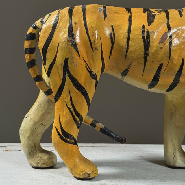 Sculpture Materials Vintage Folk Art Leather Wrapped Hand Painted Tiger For Sale - Image 7 of 8
