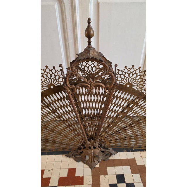 Antique Victorian Brass Fireplace Screen Ornate Folding Fan Peacock Fire Guard Hearth Screen Art Nouveau Home Decor For Sale - Image 4 of 15