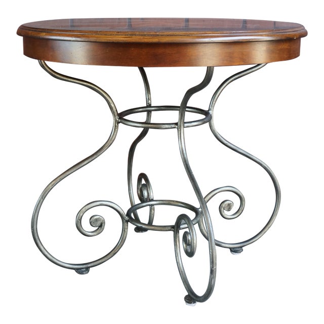 Ethan Allen Inlayed Top Iron Base Round End Table For Sale