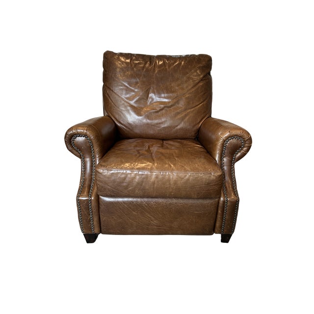 Traditional Pottery Barn James Roll Arm Top-Grain Leather Recliner Chair – Nailhead Trim, Classic Traditional Club Style, Dark Walnut Legs For Sale - Image 3 of 11