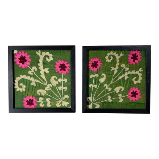 Pair of 19 Century Antique Silk Suzani Wall Hanging For Sale