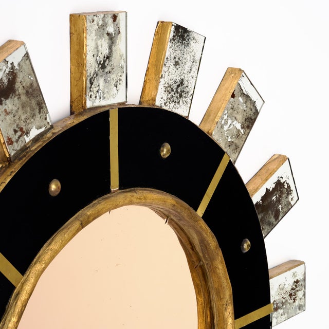 1990s Spanish Modernist Sunburst Mirror in Giltwood, Black Glass and Brass, Circa 1990 For Sale - Image 5 of 9