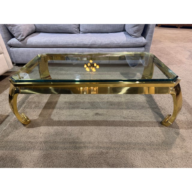 Mid-Century Modern Glass Top Gold Coffee Table Attributed to Mastercraft For Sale - Image 3 of 5