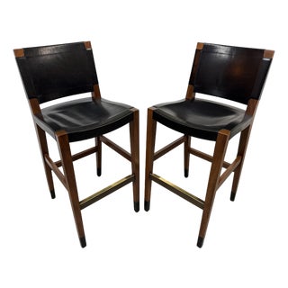 Walnut Wood + Black Leather Bar Stools, Pair For Sale
