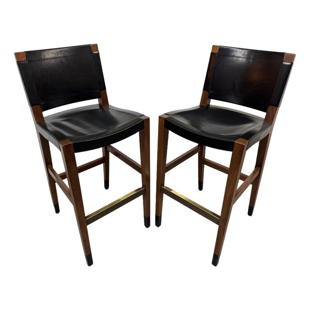 Walnut Wood + Black Leather Bar Stools, Pair For Sale