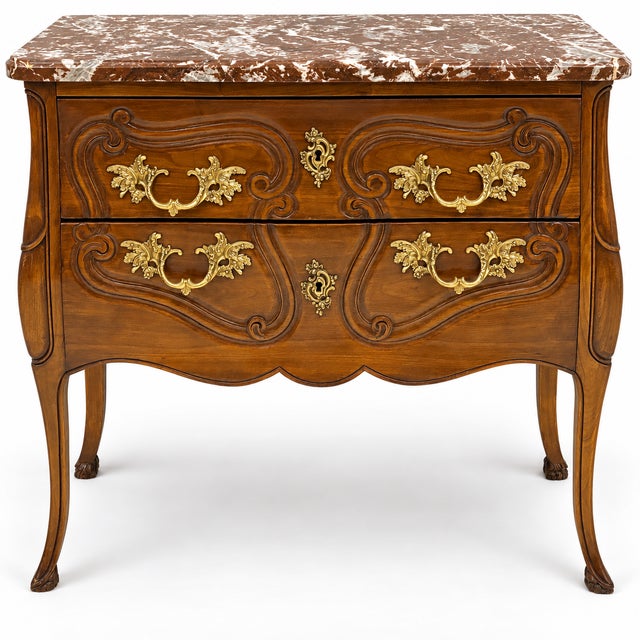 Italian Carved Walnut Rouge Marble Top Commode With French Styling For Sale - Image 11 of 11