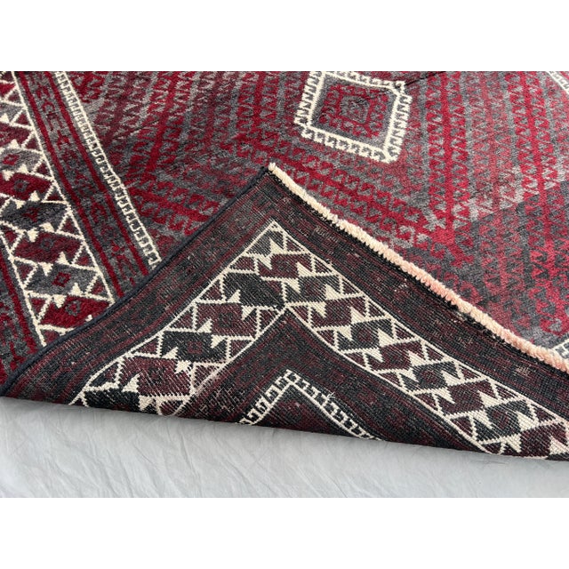 Vintage Afghan Baluchi Hand-Knotted Wool Runner | Deep Burgundy & Ivory Tribal Diamond Rug For Sale - Image 10 of 10