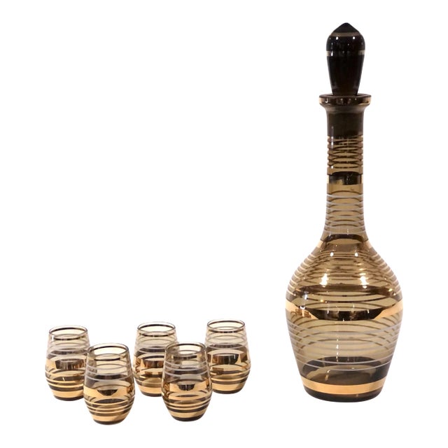 Vintage Banded Carafe and Shot Glass Set For Sale