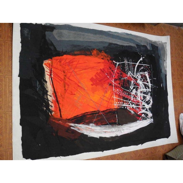 this is a bright vibrant abstract wall hanging tapestry by Calman Shemi. I believe the material is wool with a linen...
