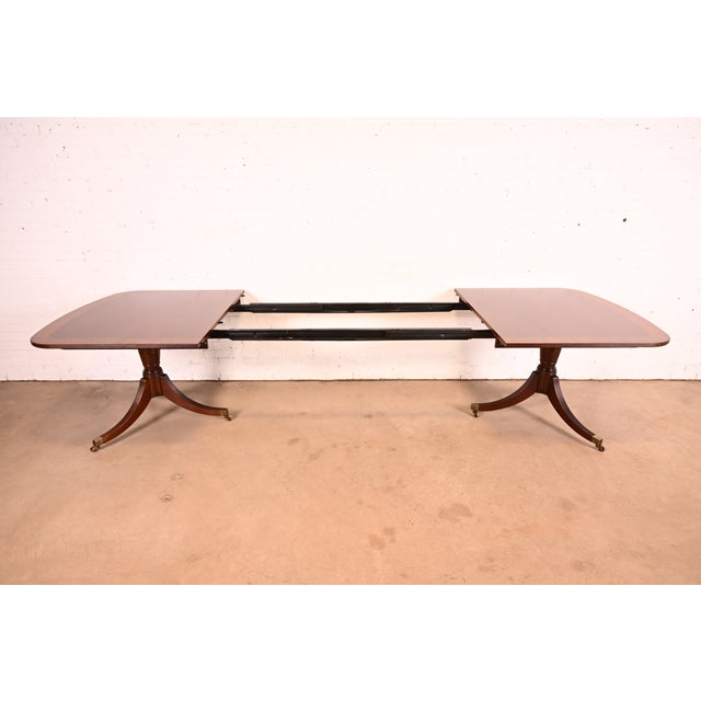 Baker Furniture Georgian Banded Mahogany Double Pedestal Extension Dining Table | Newly Refinished For Sale In South Bend - Image 6 of 13