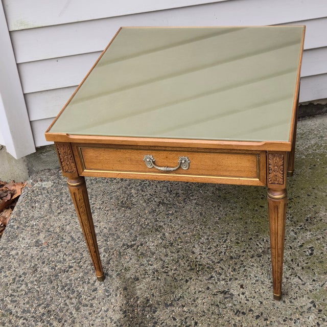 Gold 1970s Lovely Neoclassical Henredon One Drawer Stand Gold Glass Top For Sale - Image 8 of 9